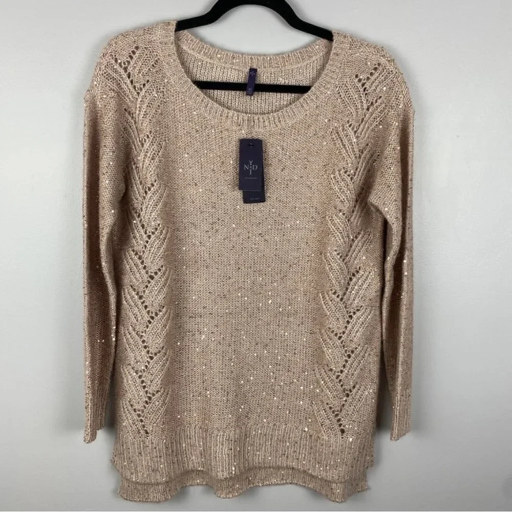 NYDJ Sequin Oversized Ntral Sweater XS Cream Pink Cameo - Picture 2 of 13